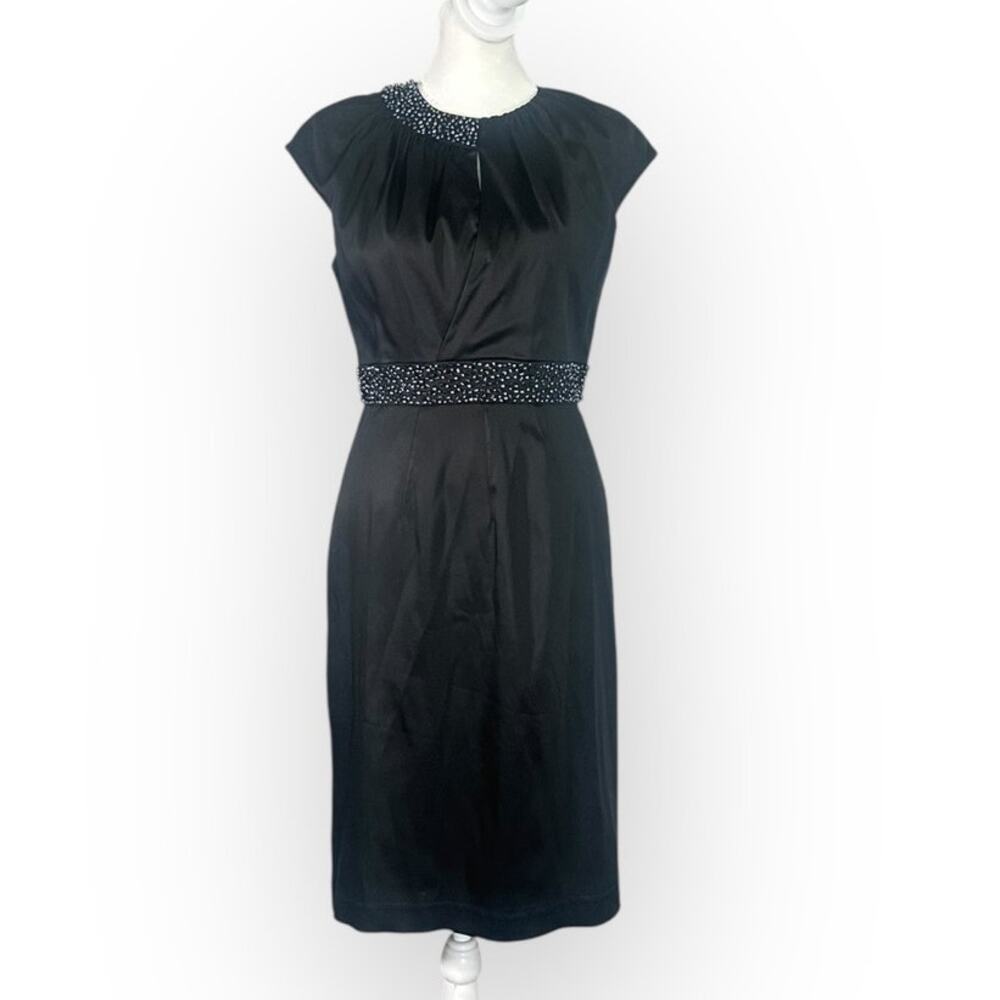 Adrianna Papell Cocktail Dress Women's 4 Black Satin Beaded Cap Sleeve Sheath